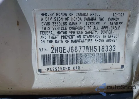 1998 Honda Civic Lx из США, поврежденный, VIN 2HGEJ6677WH518333